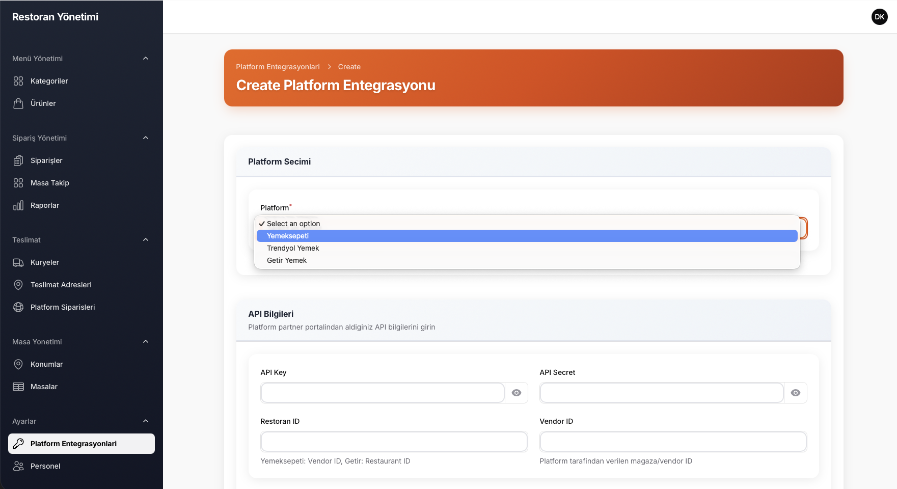 Platform Entegrasyonlari - Yemeksepeti, Trendyol, Getir